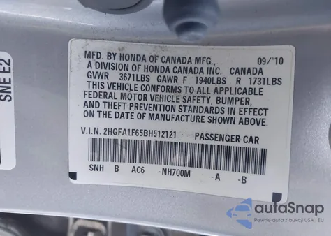 2011 Honda Civic Lx-S z USA, uszkodzony, nr VIN 2HGFA1F65BH512121